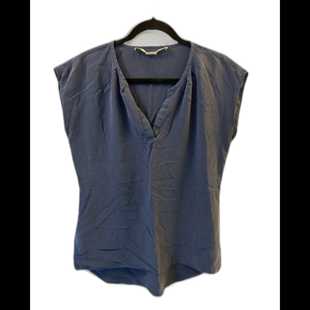Max Studio Women's 100% Silk Cap Sleeve Top V-Neck Size S Navy Blue